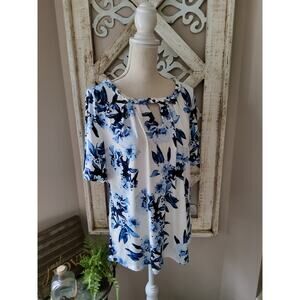 Karl Lagerfeld Paris Blue Floral Split Neck Blouse Braided Trim Top Size Medium